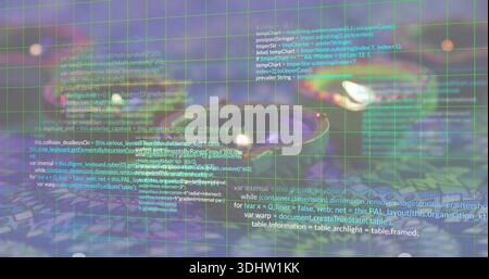 Displaying green grid centering over pebble shoreline, showing floating JavaScript code blocks Stock Photo