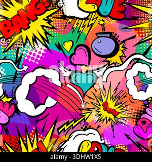 Seamless heart pattern with colored hand drawn art abstract graffiti brush drawing background elements Stock Vector