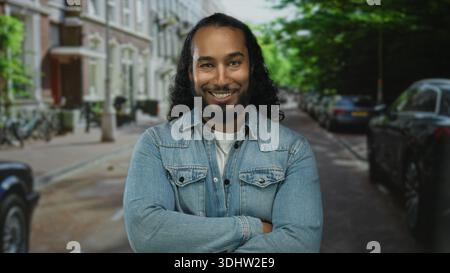 Man in denim jacket standing with arms crossed and smiling on a leafy city street lined with parked cars; confidence ease. Stock Photo