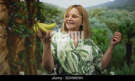 Woman holds a bunch of green bananas in her hand and smiles while looking at the fruit in a sunlit forest setting; contentment curiosity. Stock Photo