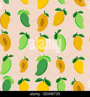 a flon-free pattern with juicy green and yellow mango fruits Stock Vector