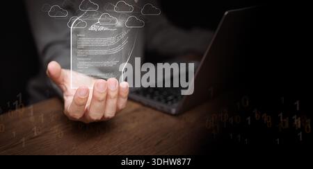 Paperless office concept. digital document with cloud icons above hand. Cloud computing technology, file storage and sharing, document workflow for bu Stock Photo