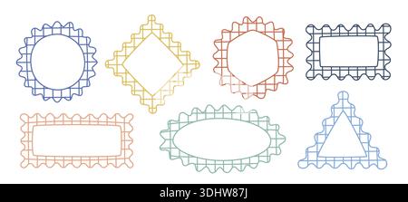 Hand drawn checkered geometric shapes, figures. Cute y2k squiggle frames. Bold bordered vector frameworks, rectangle, triangle. Stock Vector