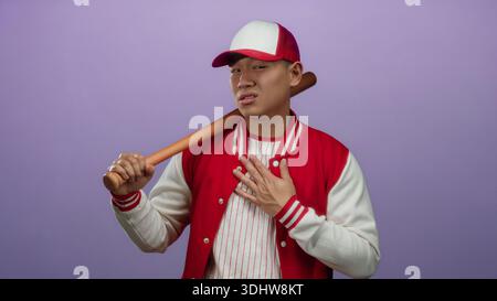 Young man in baseball uniform with bat expresses emotion against a purple background, highlighting sport and fashion in an isolated setting. Stock Photo