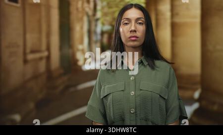 Woman facing camera showing face and relaxed posture standing on an old town street; quiet confidence. Stock Photo