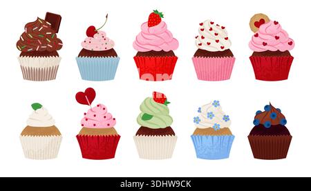 Set of various cupcakes with berries, chocolate, cookies, sprinkles, and flowers. Cute Vector illustration Stock Vector