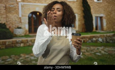Woman baker in apron holding a coffee cup smiling at a stone building entrance; joy small local business. Stock Photo