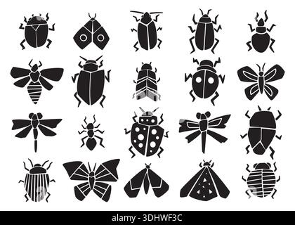 Cute stylized garden bugs compilation set.  Vector doodle silhouette illustration set for web, t-shirt design, other graphic design use Stock Vector
