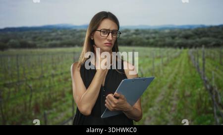 Woman holding clipboard and touching her neck while frowning in a forest vineyard field inspection; rural inspection concern. Stock Photo