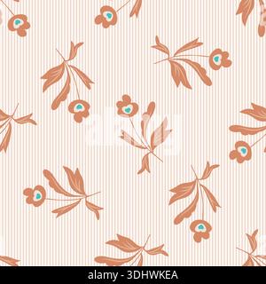 Hand-drawn warm peach color tossed floral seamless vector pattern background. Simple scattered flowers with blue accent on a warm striped backdrop Stock Vector