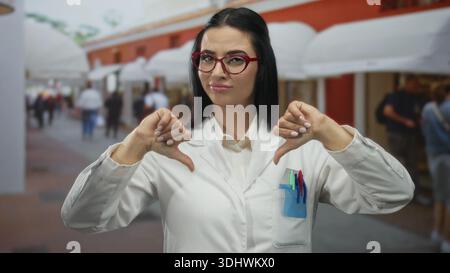 Hispanic woman scientist in white uniform showing thumbs down gesture outdoors on a busy street. Stock Photo