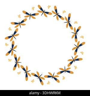Summer round frame with bright yellow dragonflies. Spring illustration of insects and butterflies in a flat style. Stock Vector