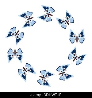 Summer round frame with blue butterflies. Spring insect illustration in flat style. Stock Vector