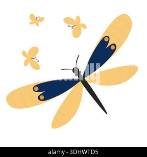 Yellow dragonfly with blue pattern on its wings. Summer butterfly. Spring insect illustration. Beautiful hand-drawn summer tropical moths. Flat style. Stock Vector