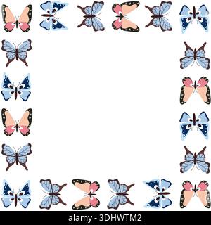 Summer square frame with blue and pink butterflies. Spring illustration of insects, dragonflies, and moths in flat style. Stock Vector
