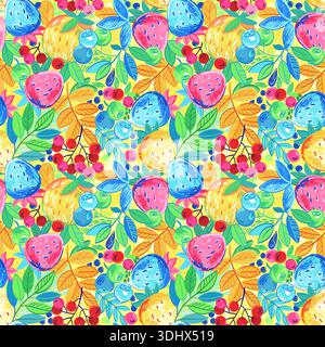 Seamless colorful fruit and berry pattern with hand drawn apples blueberries, red rowan and leaves, playful summer illustration for textile packaging Stock Vector