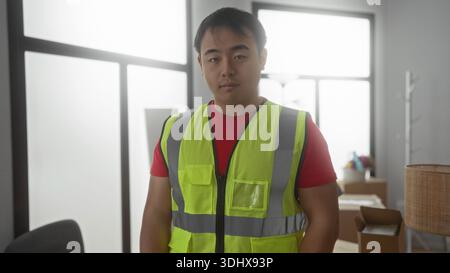 Young man holding money in new home interior wearing safety vest, showcasing happy expression amidst moving boxes, embodying success and construction Stock Photo