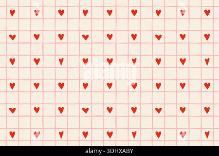 Cute pink check and red hearts vector seamless pattern, romantic plaid background for Valentine's Day designs Stock Vector