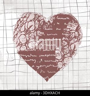 Rustic brown vector heart greeting card with handwriting and halftone, Abstract geometric romantic love design Stock Vector
