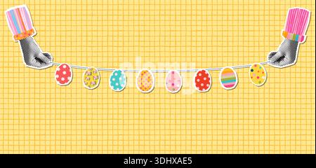 Cute bunting with Easter eggs in halftone collage style, colorful background, poster, flyer with hands holding a garland Stock Vector