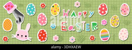 Cute Easter vector banner, background with eggs, flowers and hand in halftone collage style holding a pink bunny face Stock Vector