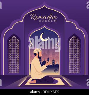 Ramadan Kareem Decorative Islamic Arch with Ornamental Patterns Crescent Moon and Night City Silhouette Creating Elegant Spiritual Greeting Design for Stock Vector