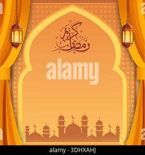 Ramadan Kareem Grand Mosque Entrance with Golden Light Red Carpet Arched Architecture and Lanterns Creating Elegant Islamic Celebration Scene for Holy Stock Vector