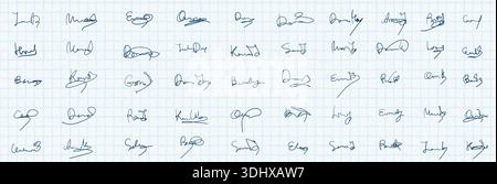 Vector set with sample handwritten autographs, fake cursive signatures on paper background for documents presentations, certificate mockups Stock Vector