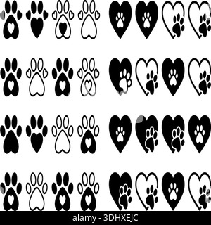 Subtle dark background with repeated outlines of paw prints and hearts, symbolizing pet affection and care in a graphic pattern. Stock Vector
