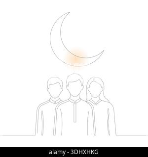 Crescent Moon with People Group Minimalist Line Art for Global Unity Design Stock Vector