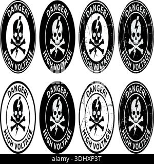 Distressed high voltage warning signs with skull and crossbones and lightning bolt graphics indicating electrical hazard alerts. Stock Vector