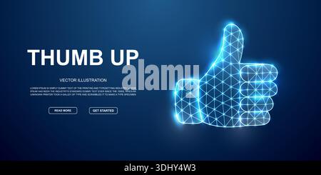 Digital thumbs up hand in glowing wireframe polygon mesh. Futuristic design for approval, like, or feedback concepts Stock Vector