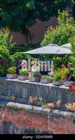 Friends Sharing Aperitivo On Verona Terrace Sunlit Stone Wall Lush Potted Plants Umbrella Shade Casual Conversation Plates Glasses Relaxed Travel Stock Photo