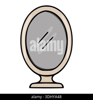 Oval tabletop mirror vector illustration with a cream frame and gray reflective surface, isolated on white background Stock Vector