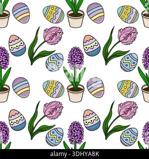 Seamless vector pattern of colorful Easter eggs and blooming spring flowers in pots Stock Vector