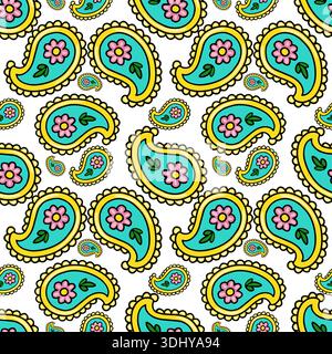Seamless vector paisley pattern with pink flowers and teal accents Stock Vector