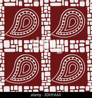Seamless paisley and brick pattern vector illustration in deep red and white Stock Vector