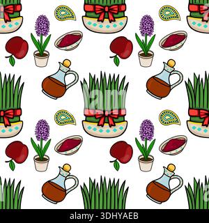 Seamless vector pattern illustration of Nowruz symbols, including sabzi, hyacinth, apples, sumac, and paisley motifs. Stock Vector