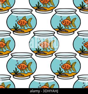 Seamless vector pattern illustration of cute cartoon goldfish in glass bowls with aquatic plants and sand Stock Vector