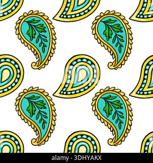Seamless paisley pattern vector illustration with intricate floral motifs in vibrant turquoise and yellow Stock Vector