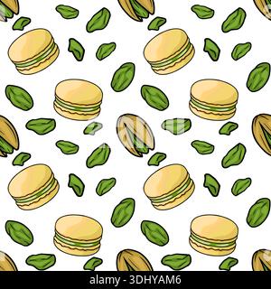 Seamless pattern vector illustration of pistachio macarons and scattered pistachios on a white background. Stock Vector