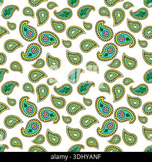 Seamless paisley pattern vector illustration with floral and leaf motifs in turquoise, yellow, and pink Stock Vector