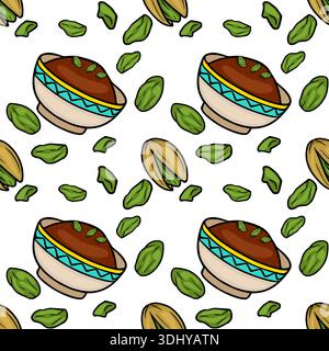 Seamless vector pattern of delicious pistachios and pistachio tea in decorative bowls. Stock Vector