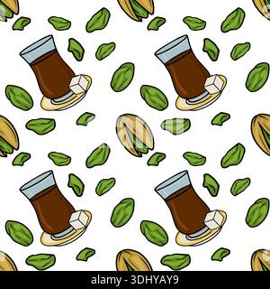 Seamless vector pattern of traditional Turkish tea with pistachios and sugar cubes Stock Vector