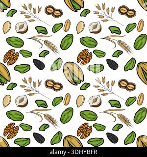 Seamless vector pattern of assorted nuts and seeds, including pistachios, walnuts, peanuts, sunflower seeds, and wheat ears, on a white background. Stock Vector