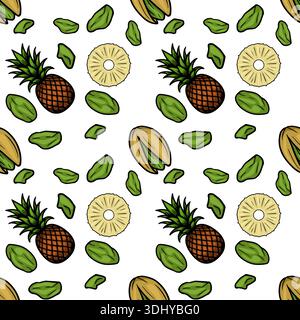 Seamless vector pattern of whole pineapples, sliced pineapple rings, and green pistachios scattered on a white background. Stock Vector