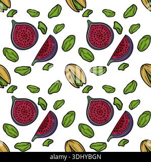 Seamless vector pattern of sliced figs and pistachios on a white background Stock Vector