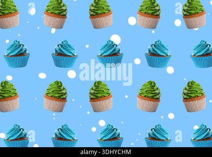 Pattern of tasty cupcakes on blue background Stock Photo