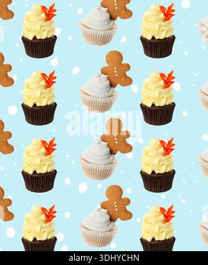 Pattern of tasty cupcakes on light blue background Stock Photo