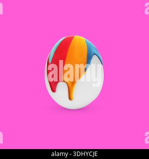 Colorful paint dripping down egg on pink background. Easter celebration Stock Photo